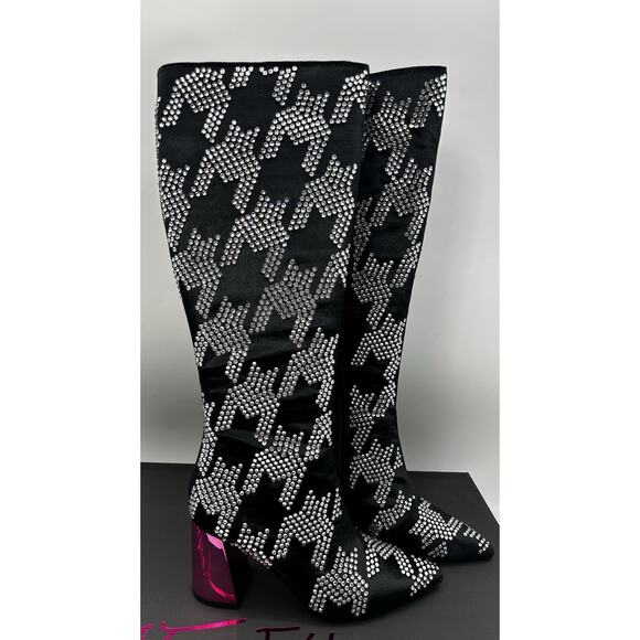 Betsey Johnson Naomi Black Silver Rhinestone Knee High Boots 6.5 New In Box - Picture 3 of 7